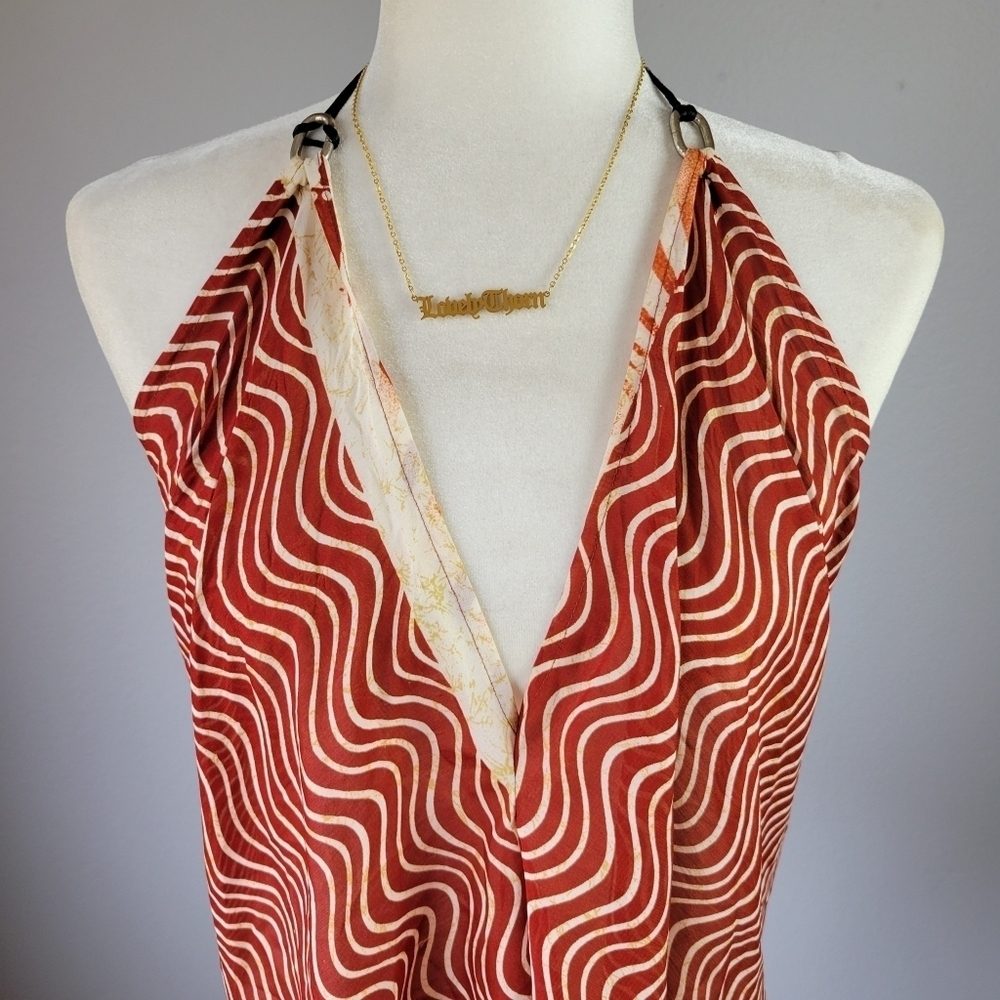 BOUTIQUE // semi-sheer rust & cream printed plunge open back halter top
